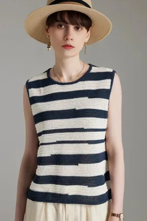 Asymmetric Striped Crochet Linen Vest