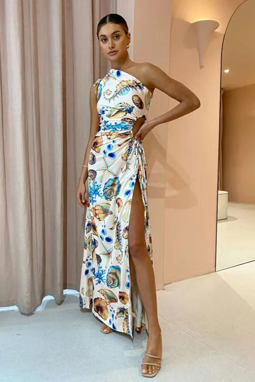 Beige One Shoulder Drawstring Split Sleeveless Maxi Dress