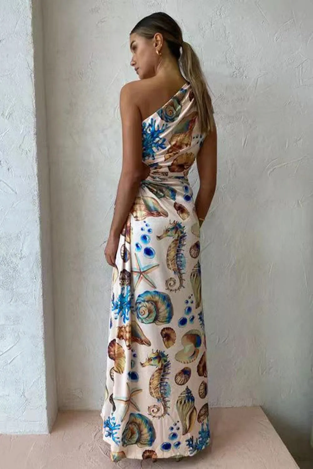 Beige One Shoulder Drawstring Split Sleeveless Maxi Dress