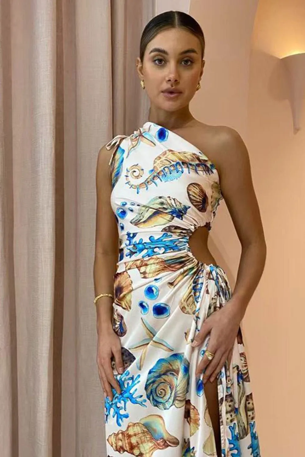 Beige One Shoulder Drawstring Split Sleeveless Maxi Dress