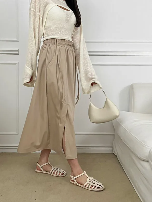 Brown Elastic Waist Long Skirt