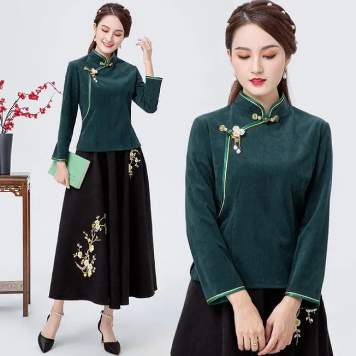 Contrast Trim Blouse / Flower Embroidered Midi