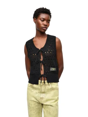 Cotton Mix Tie String Vest / Black