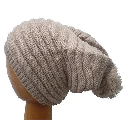 Dreadz Ribbed Slouchy Bobble Beanie Hat (Beige)