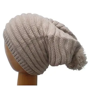 Dreadz Ribbed Slouchy Bobble Beanie Hat (Beige)