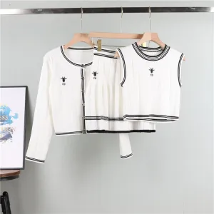 GBOLSOS  Xiaoxiangfeng set, knitted cardigan, suspender vest, women's New new waist pleated skirt three-piece set