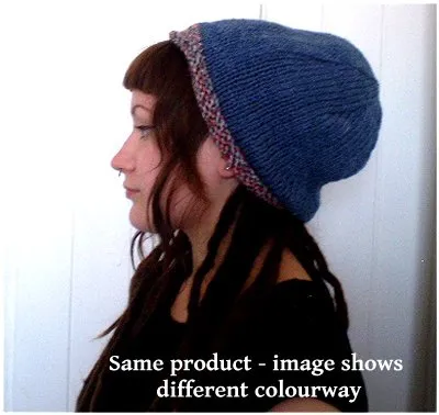 Hand Knitted Slouchy Beanie Hat (Grey with Brown Trim)