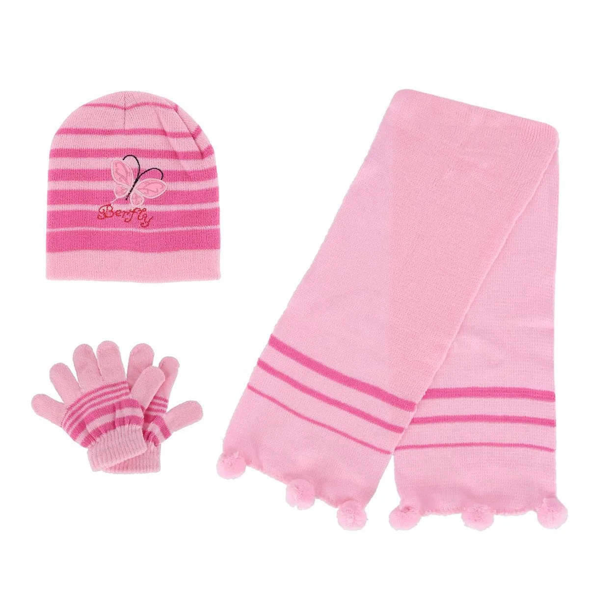 Heat Trendz Girl's One Size Fits Most Stripe Butterfly Hat Gloves and Scarf Winter Set