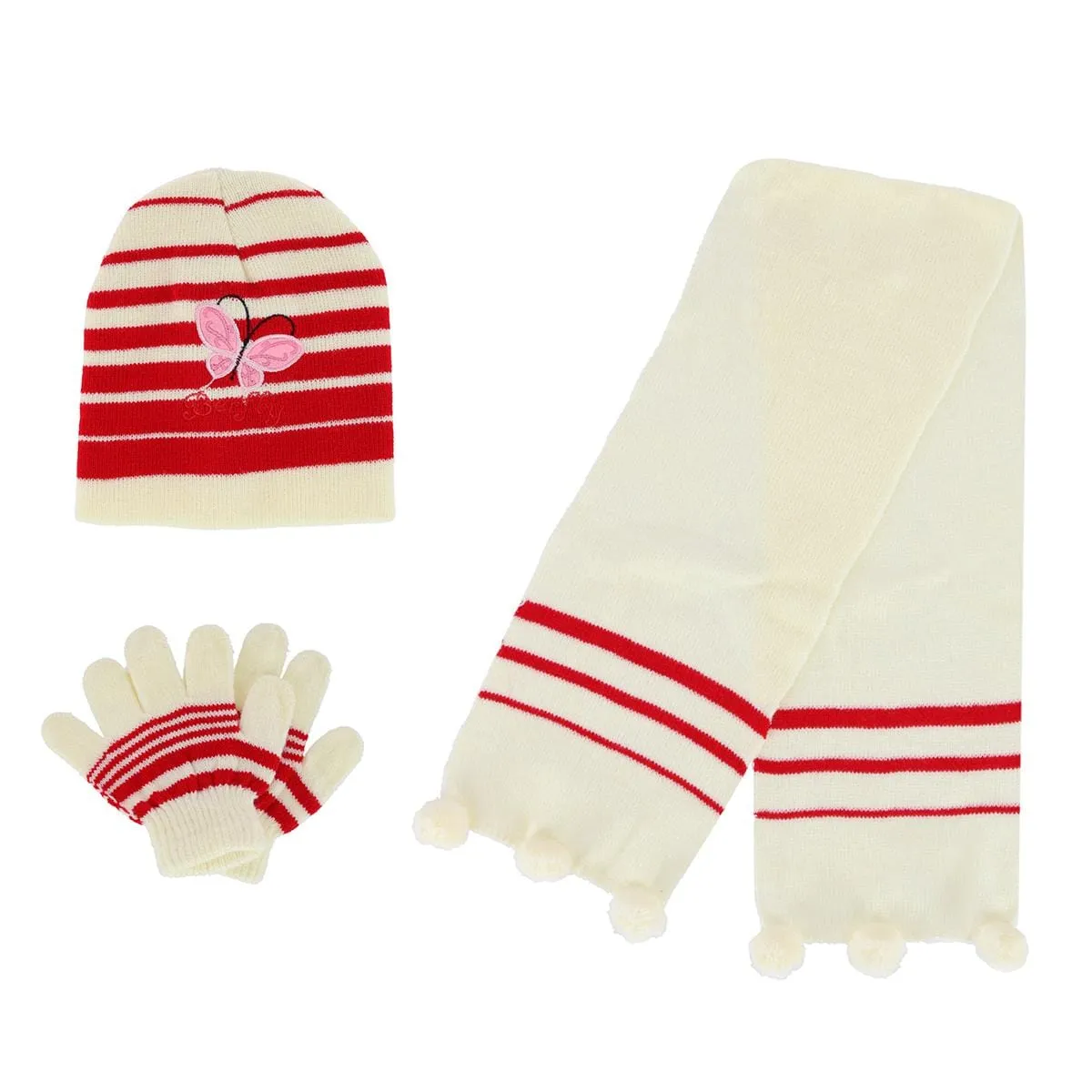 Heat Trendz Girl's One Size Fits Most Stripe Butterfly Hat Gloves and Scarf Winter Set