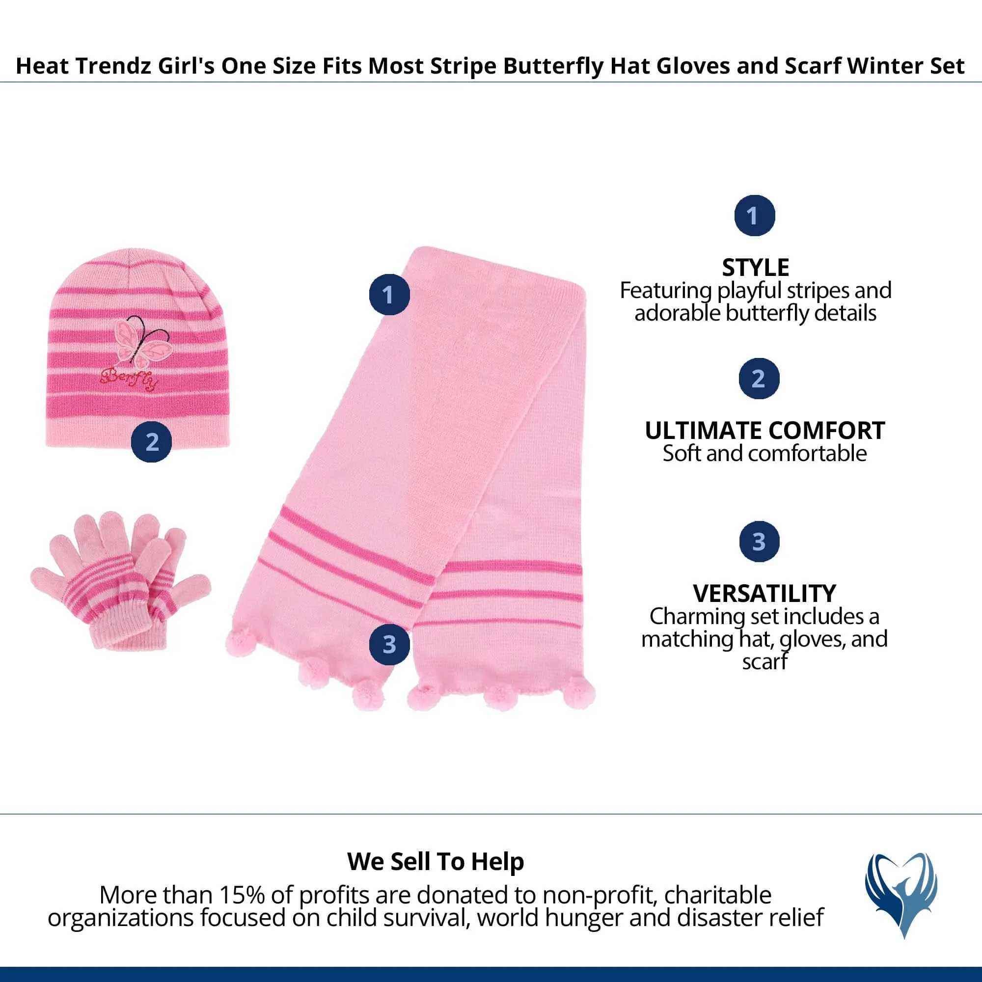 Heat Trendz Girl's One Size Fits Most Stripe Butterfly Hat Gloves and Scarf Winter Set