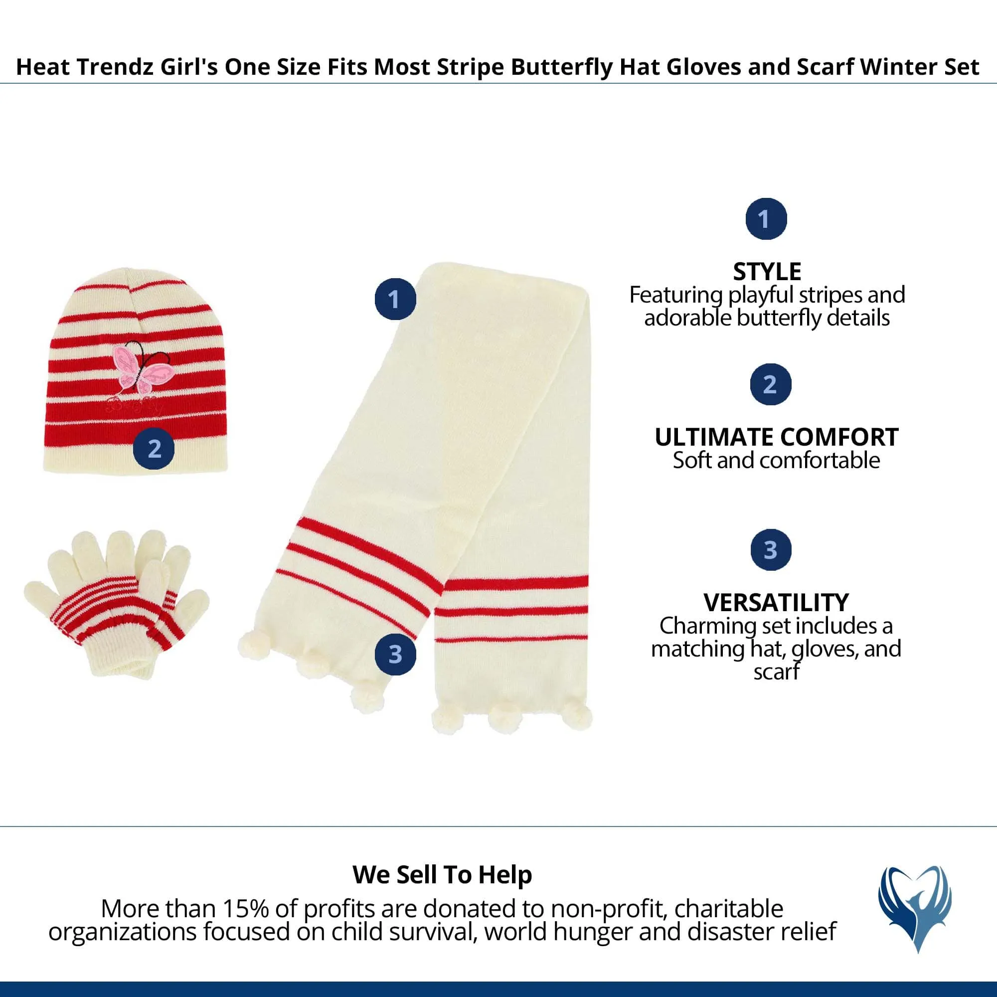 Heat Trendz Girl's One Size Fits Most Stripe Butterfly Hat Gloves and Scarf Winter Set