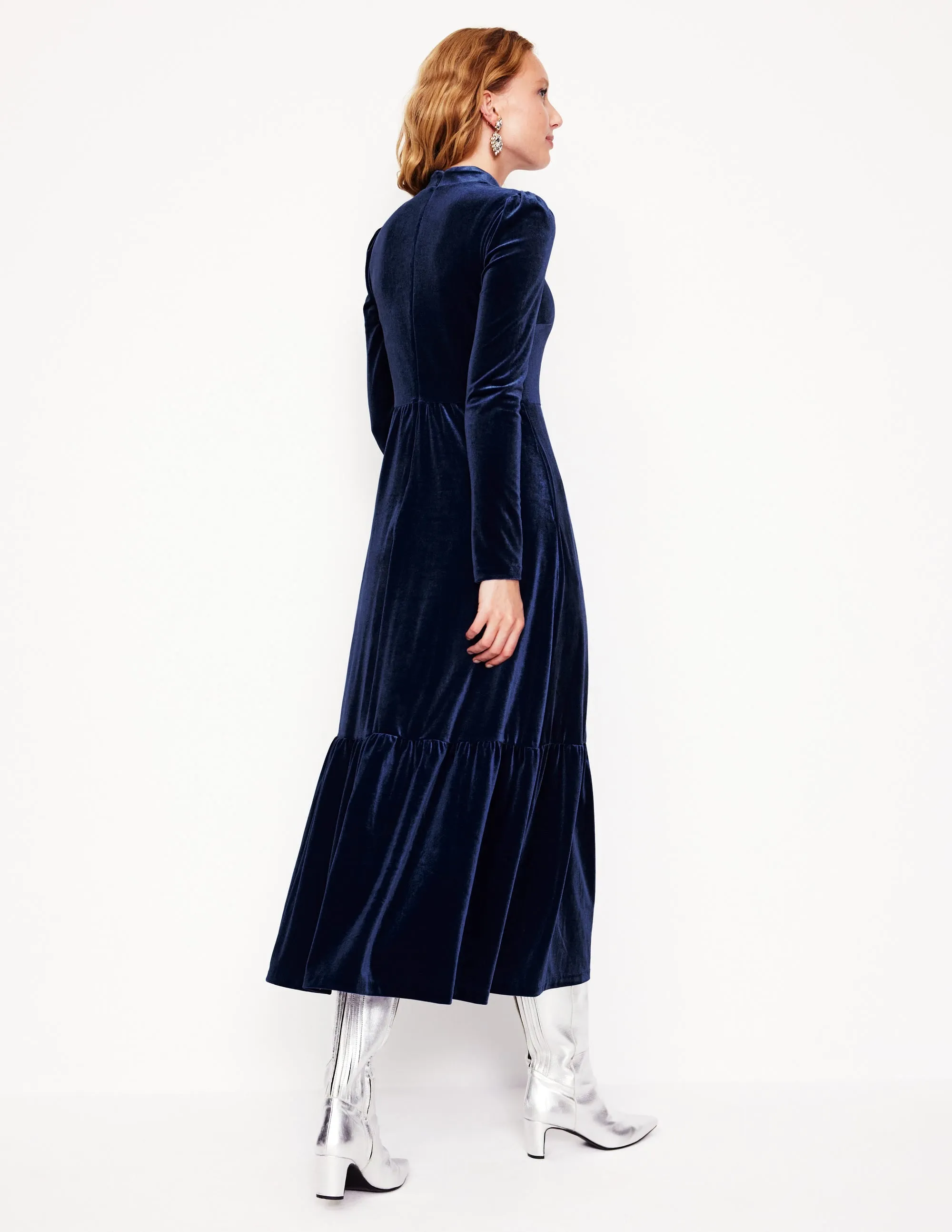 High Neck Tiered Velvet Dress-Night Blue