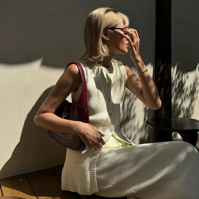 Knitted Sleeveless Top Slit High Waist Long Skirt Suit