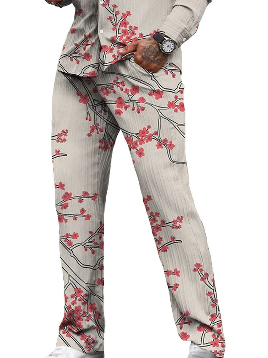 Men's Retro Wintersweet Print Casual Two-Piece Suit