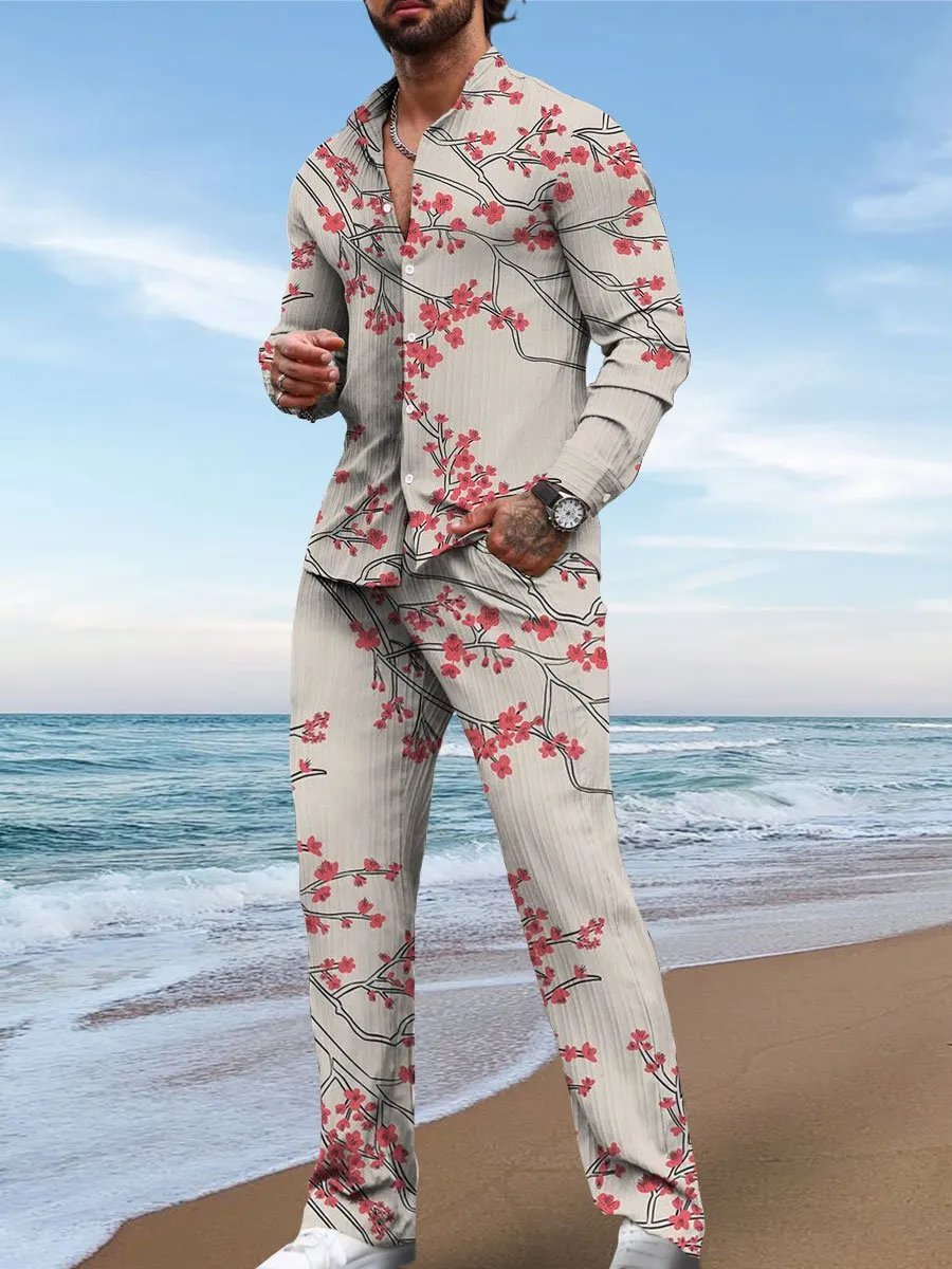 Men's Retro Wintersweet Print Casual Two-Piece Suit