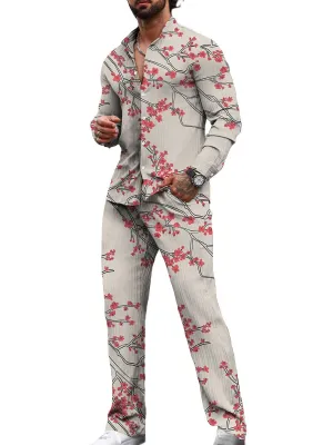 Men's Retro Wintersweet Print Casual Two-Piece Suit
