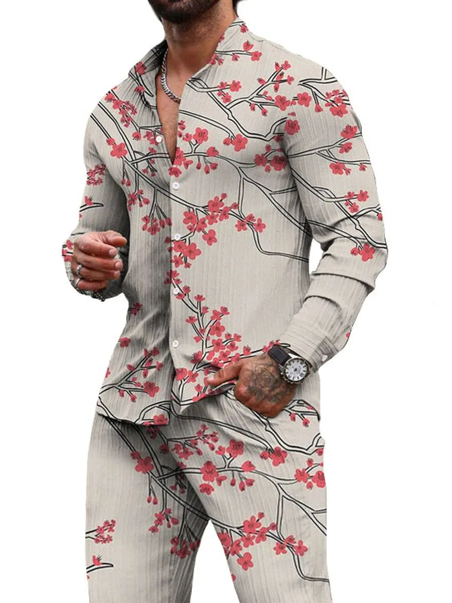 Men's Retro Wintersweet Print Casual Two-Piece Suit