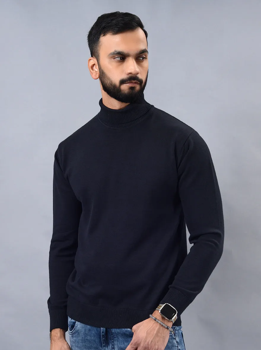 Navy Blue Solid Slim Fit Winter T-Shirt | JadeBlue