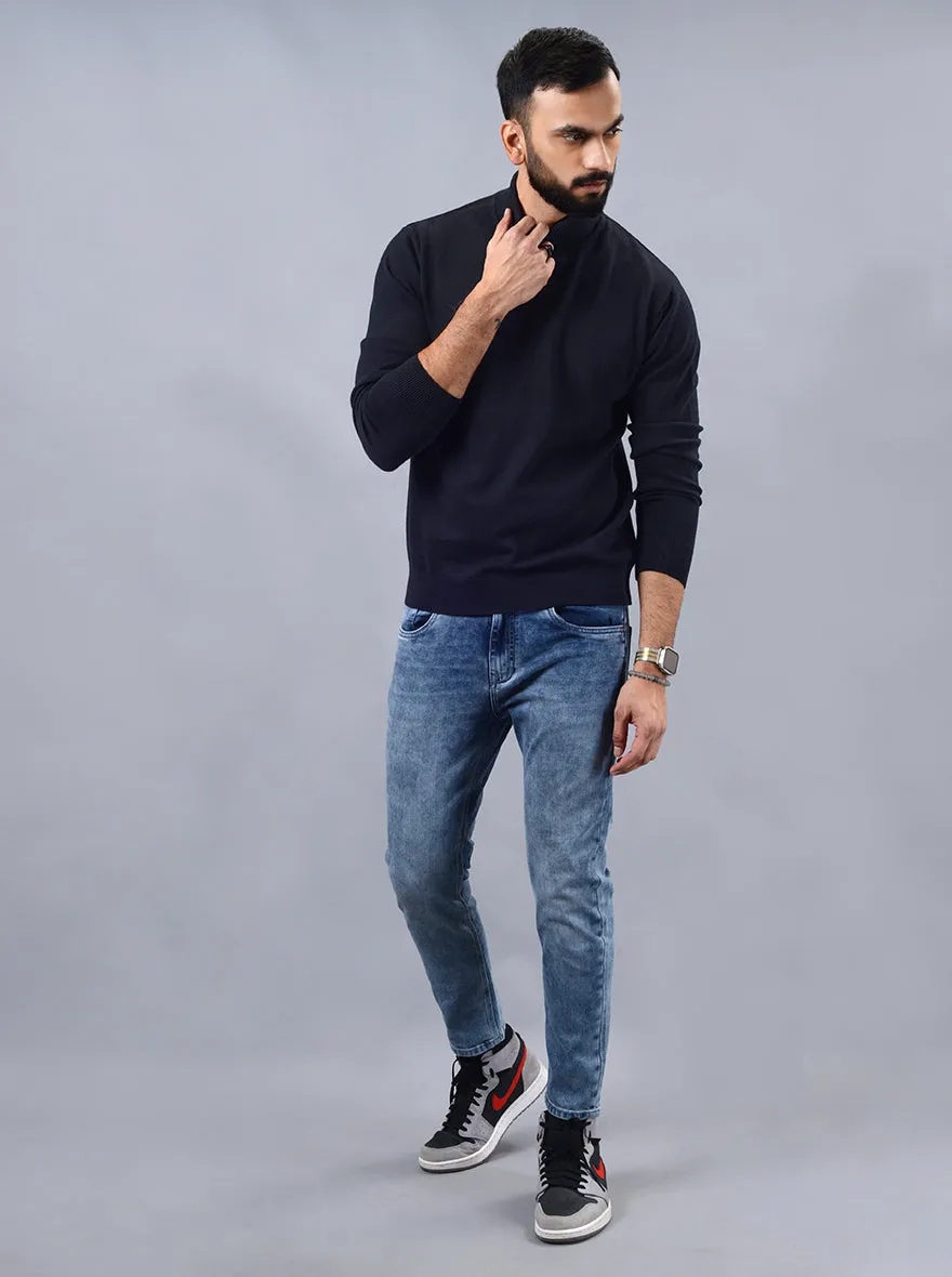 Navy Blue Solid Slim Fit Winter T-Shirt | JadeBlue
