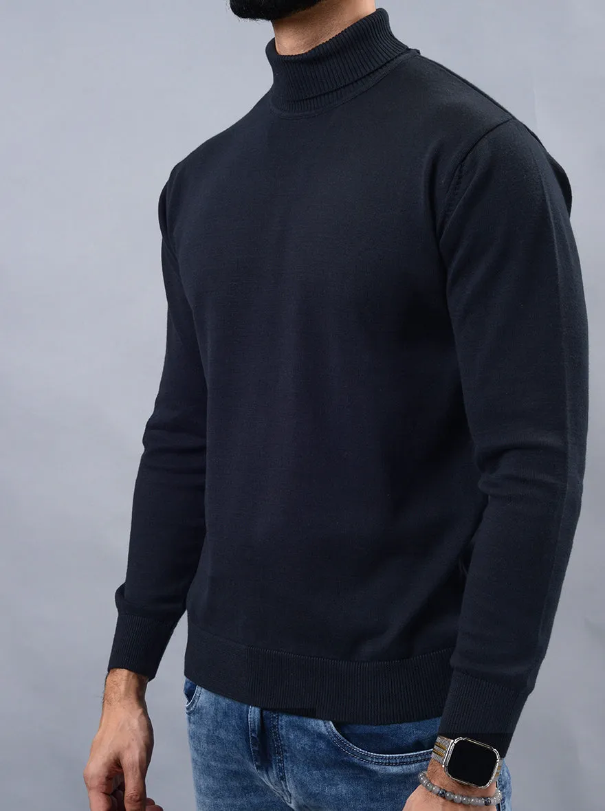 Navy Blue Solid Slim Fit Winter T-Shirt | JadeBlue