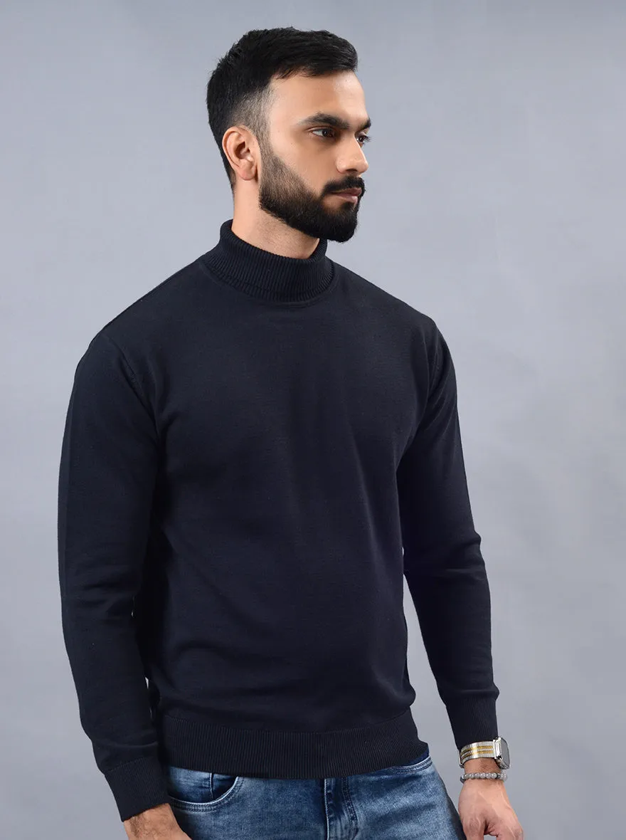 Navy Blue Solid Slim Fit Winter T-Shirt | JadeBlue