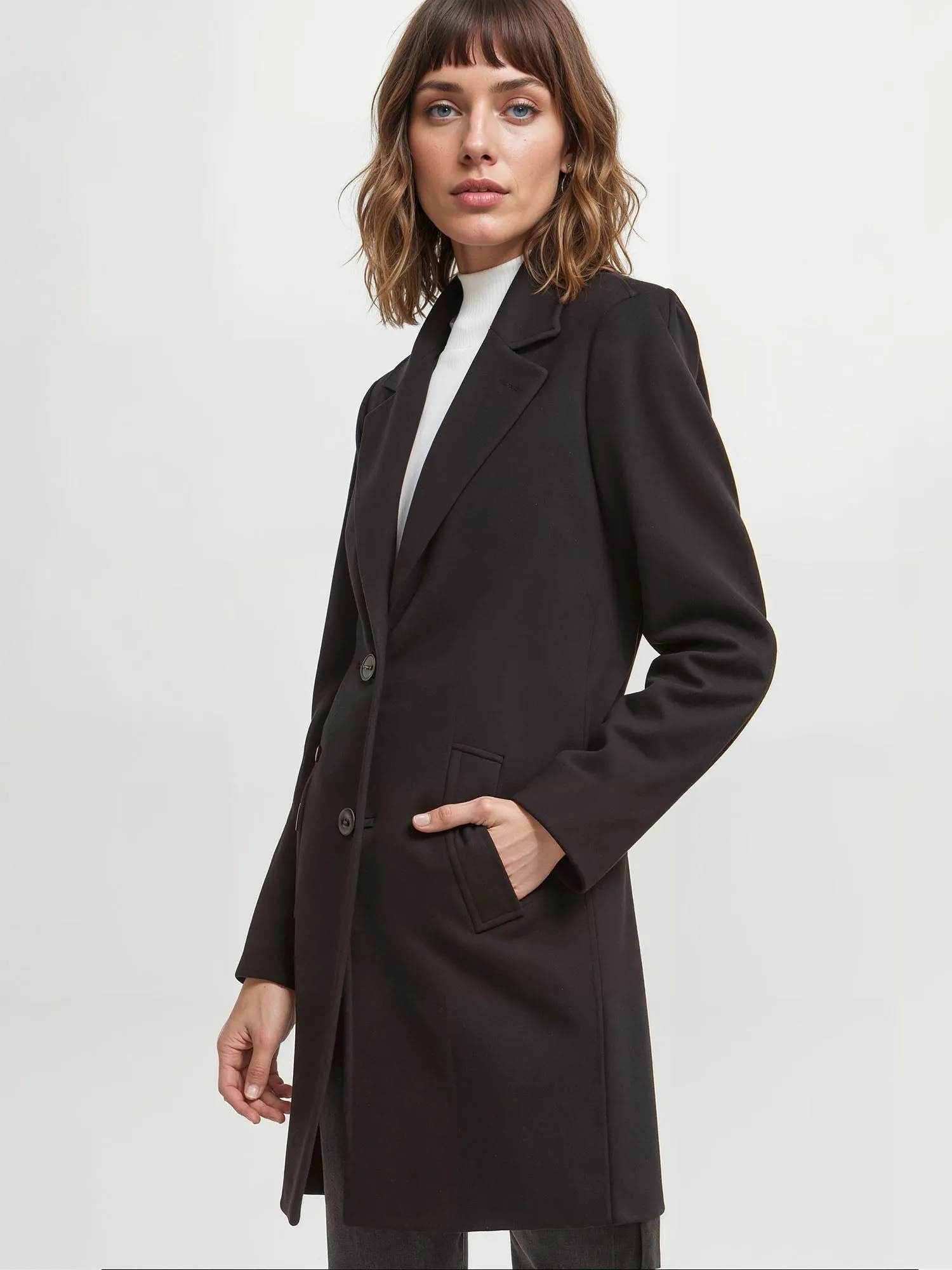 Notched Lapel Button Front Long Coat