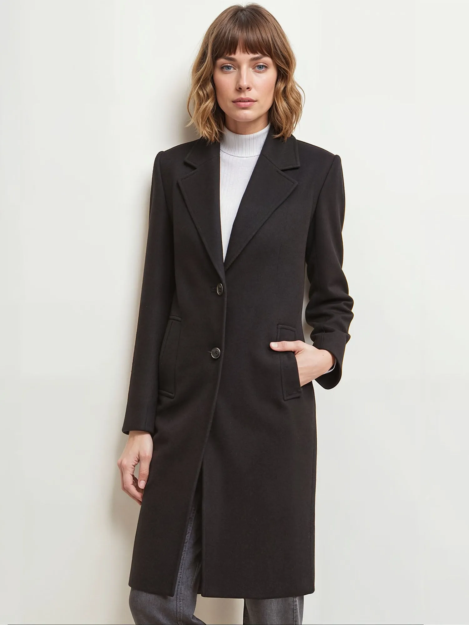 Notched Lapel Button Front Long Coat