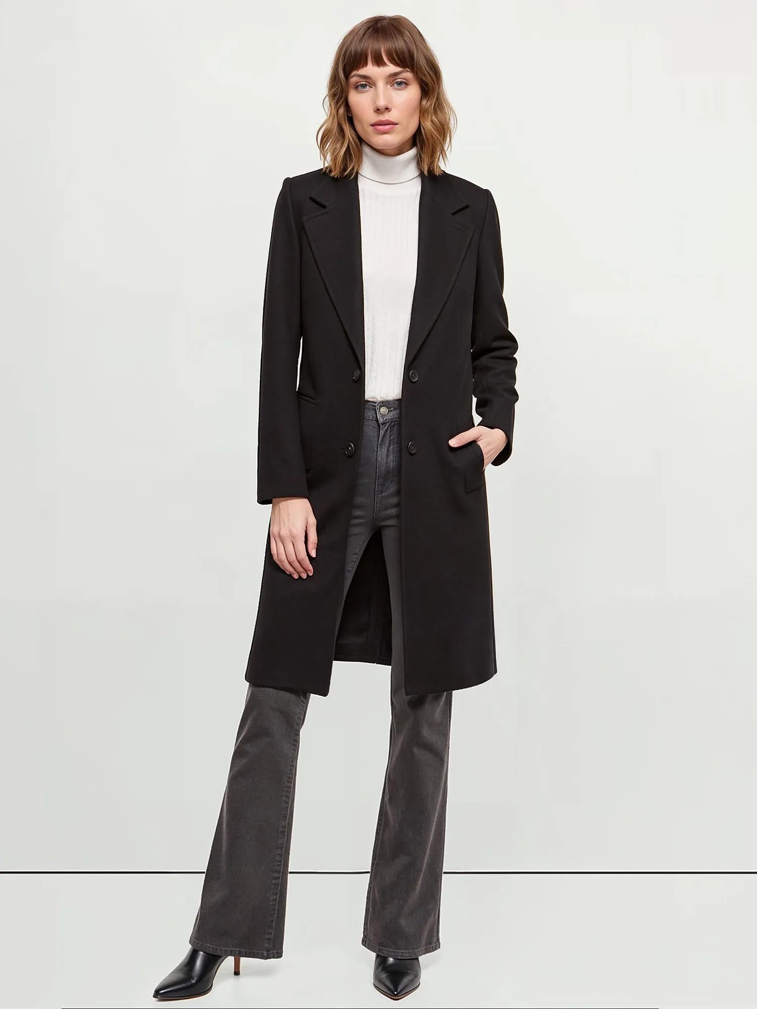 Notched Lapel Button Front Long Coat