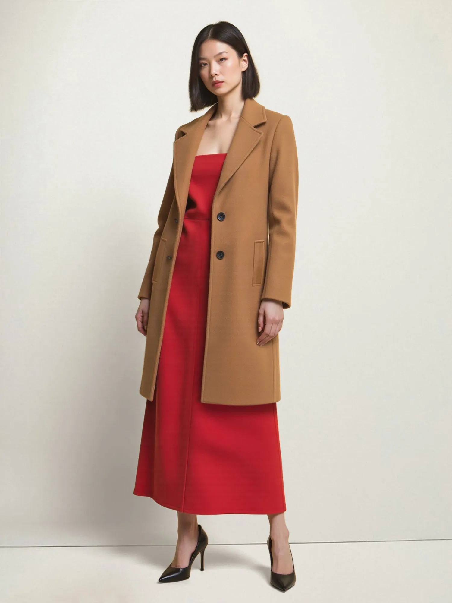 Notched Lapel Button Front Long Coat