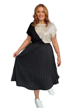 Pleated A Line Plus Size Black Midi Skirt