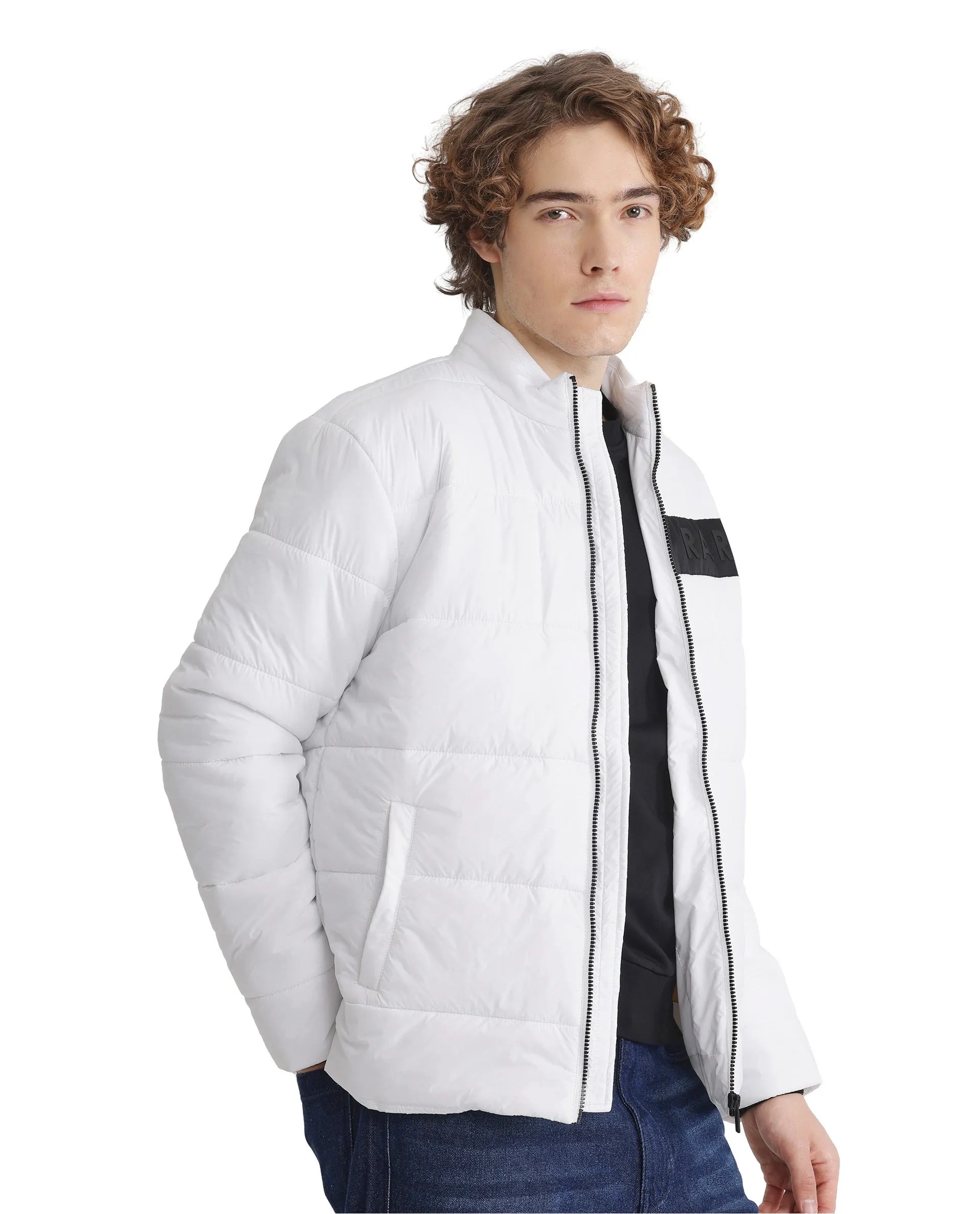 Rare Rabbit Men's Bront White Nylon Fabric Full Sleeve Curved Collar Regular Fit Plain Jacket