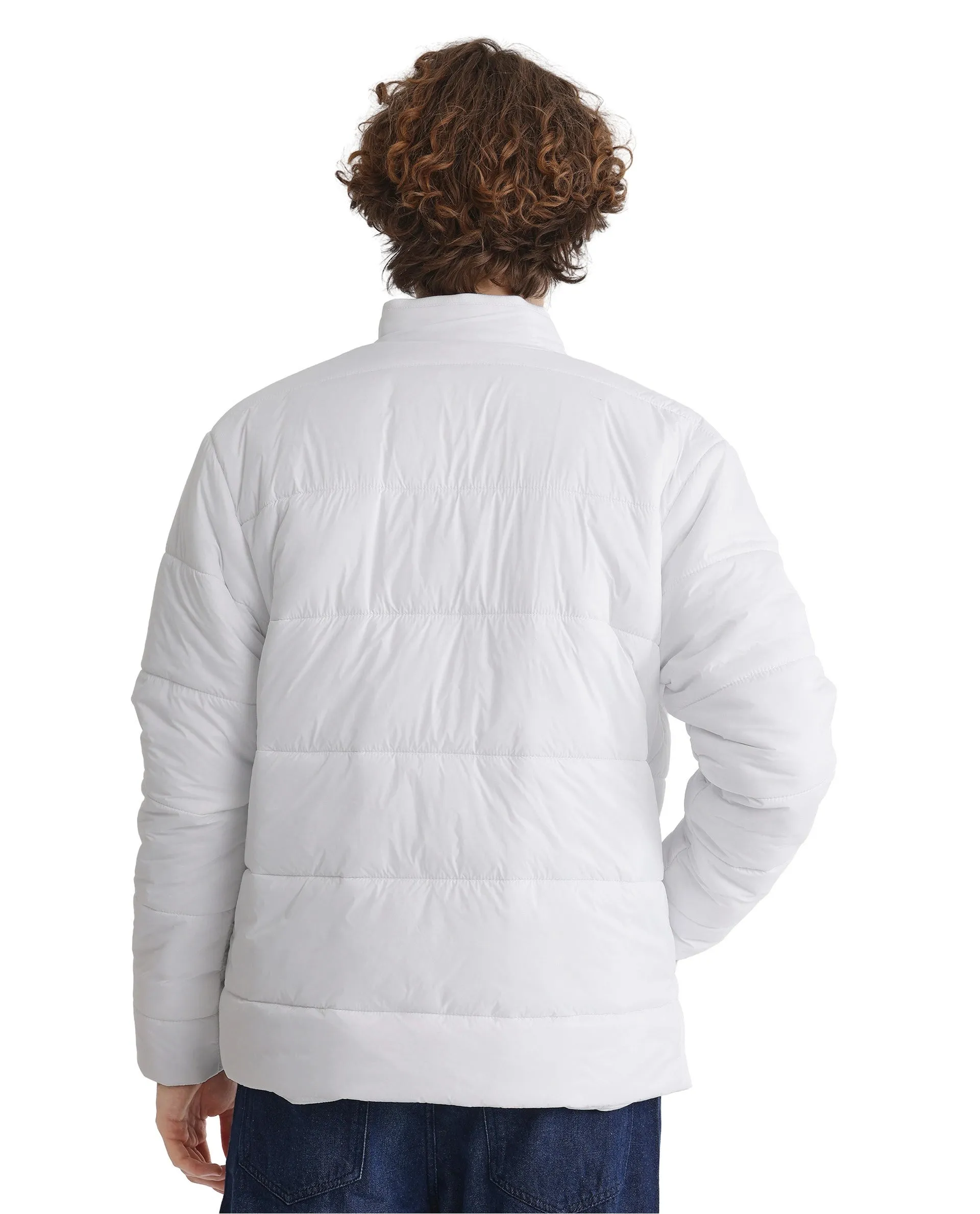 Rare Rabbit Men's Bront White Nylon Fabric Full Sleeve Curved Collar Regular Fit Plain Jacket