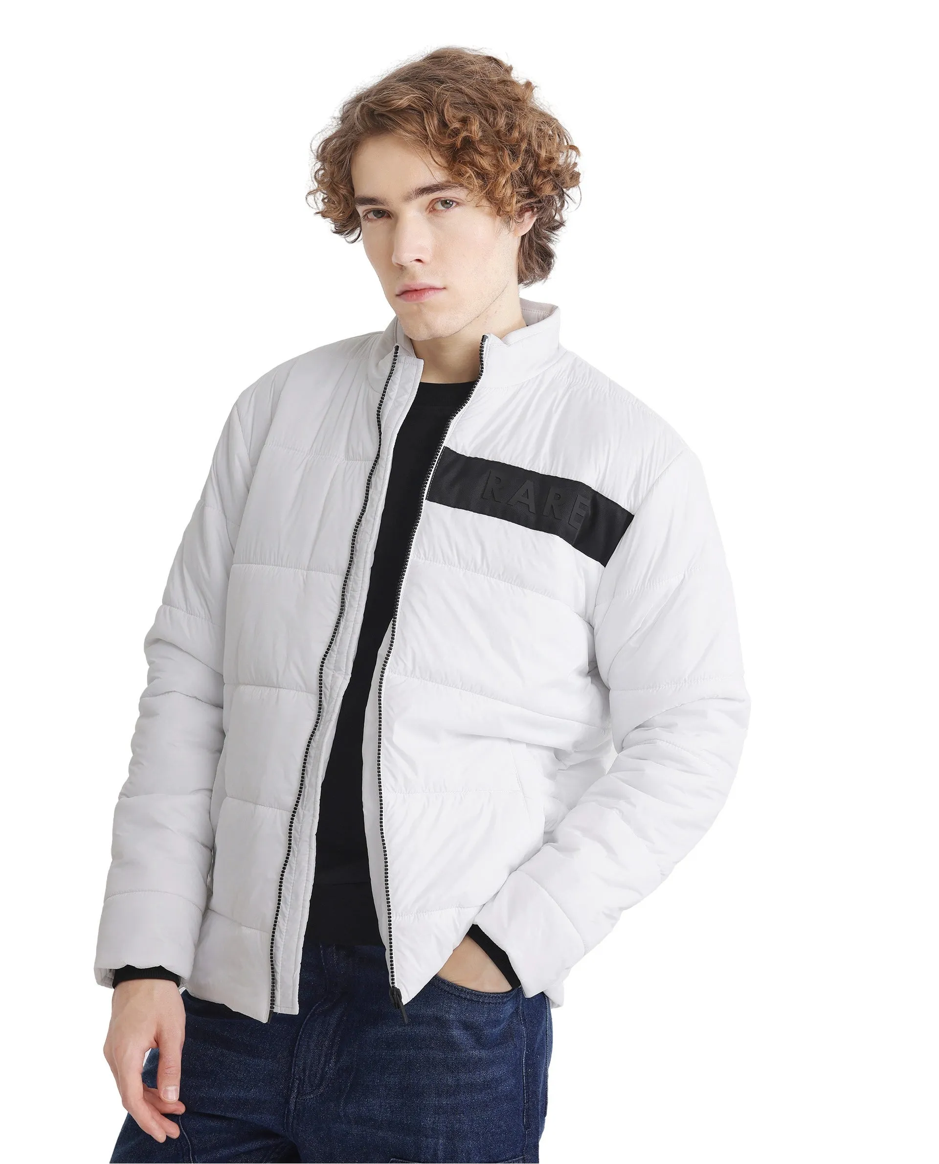 Rare Rabbit Men's Bront White Nylon Fabric Full Sleeve Curved Collar Regular Fit Plain Jacket