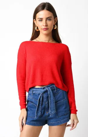 Short Loose Knit Sweater Top Red