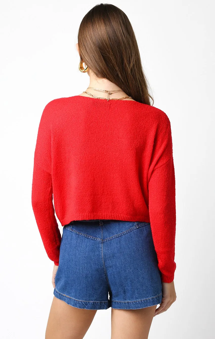 Short Loose Knit Sweater Top Red