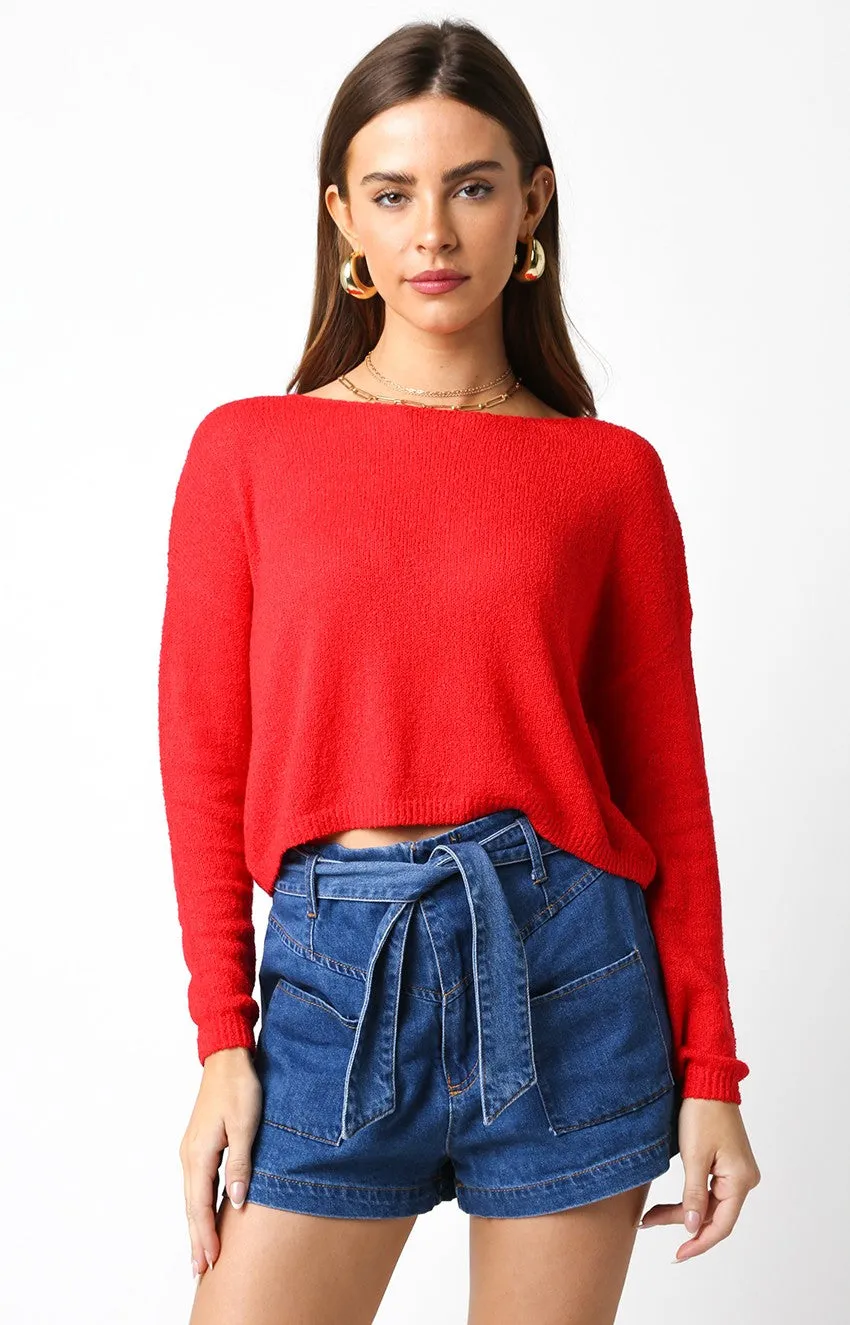 Short Loose Knit Sweater Top Red