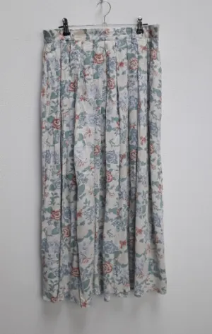 White, Blue   Brown Floral Midi-Skirt - L