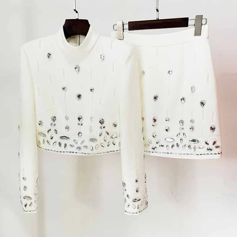 Women's Skirt Suit Fitted Beaded Short Crop Top   Mini Skirt Suit