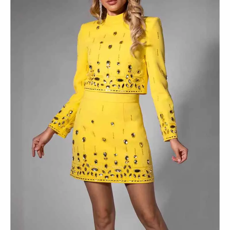 Women's Skirt Suit Fitted Beaded Short Crop Top   Mini Skirt Suit
