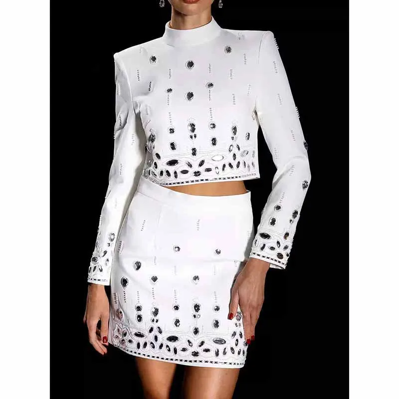 Women's Skirt Suit Fitted Beaded Short Crop Top   Mini Skirt Suit