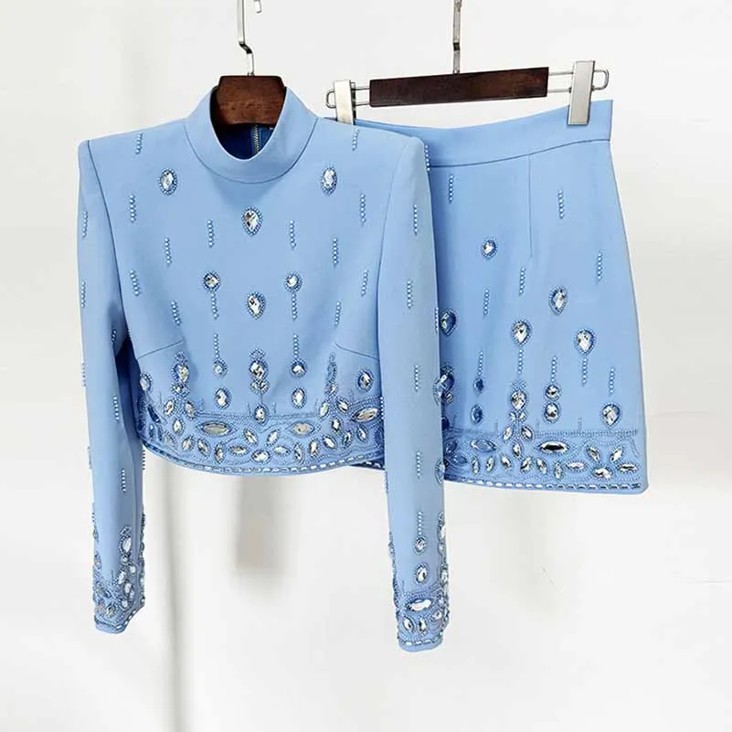 Women's Skirt Suit Fitted Beaded Short Crop Top   Mini Skirt Suit