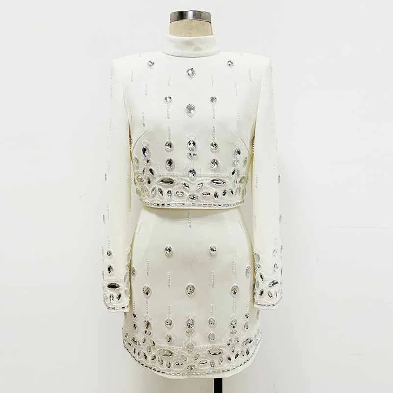 Women's Skirt Suit Fitted Beaded Short Crop Top   Mini Skirt Suit