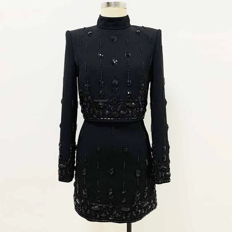 Women's Skirt Suit Fitted Beaded Short Crop Top   Mini Skirt Suit