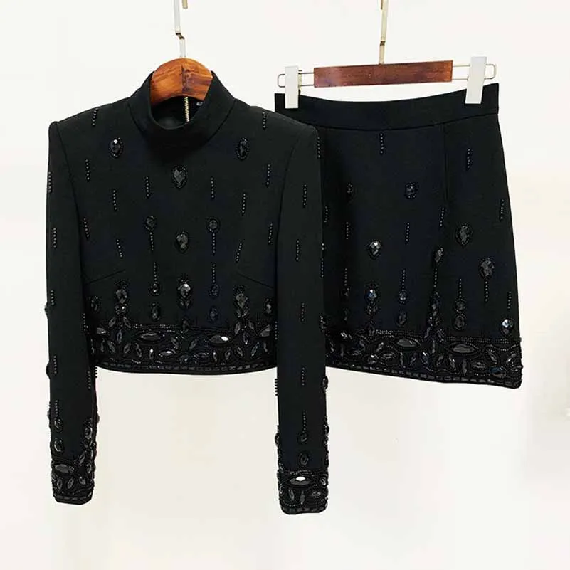 Women's Skirt Suit Fitted Beaded Short Crop Top   Mini Skirt Suit