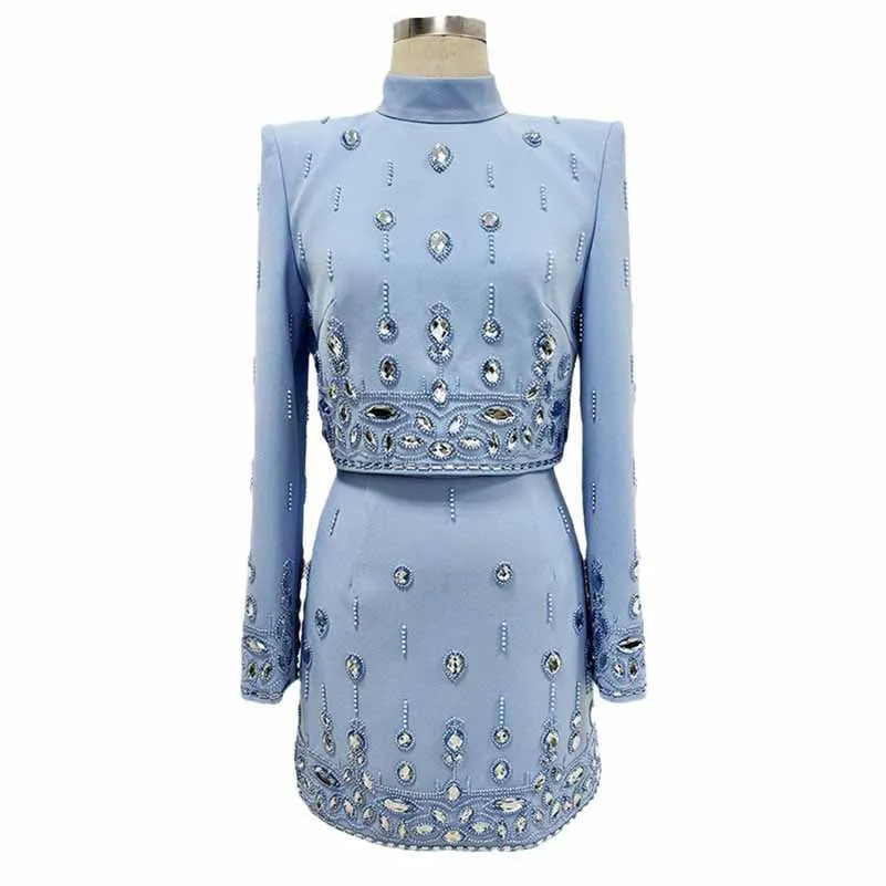 Women's Skirt Suit Fitted Beaded Short Crop Top   Mini Skirt Suit