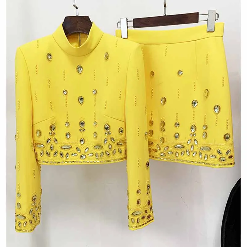 Women's Skirt Suit Fitted Beaded Short Crop Top   Mini Skirt Suit