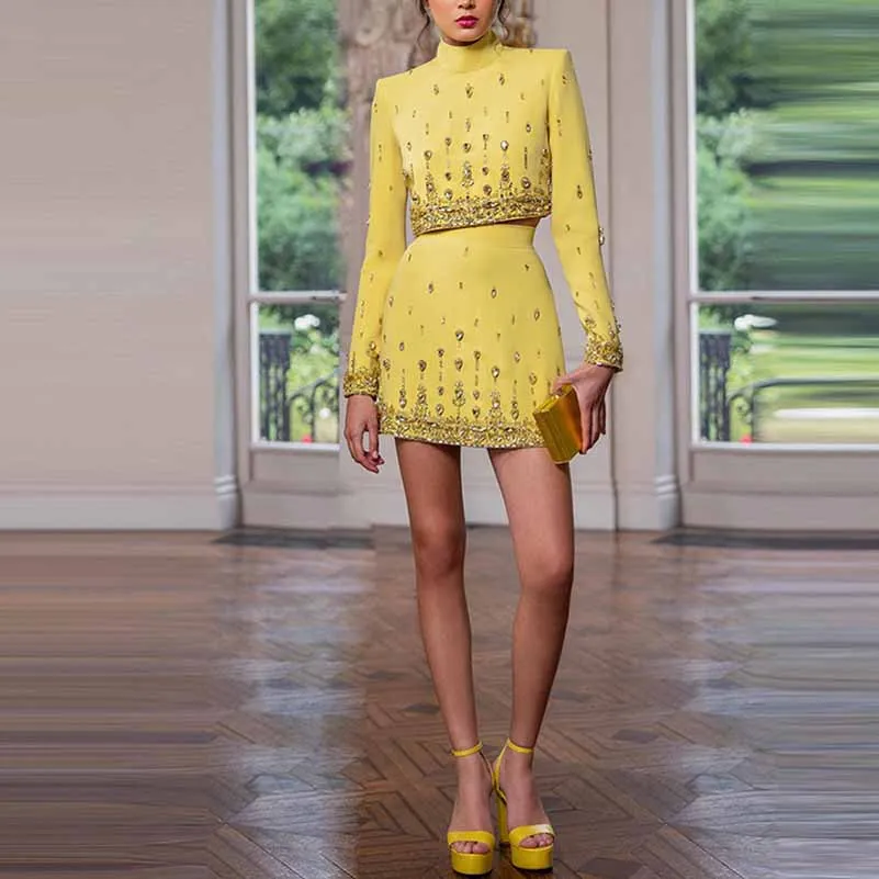 Women's Skirt Suit Fitted Beaded Short Crop Top   Mini Skirt Suit