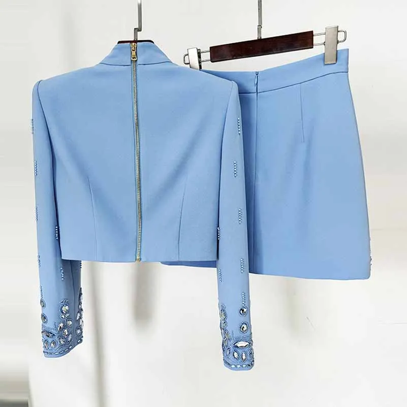 Women's Skirt Suit Fitted Beaded Short Crop Top   Mini Skirt Suit