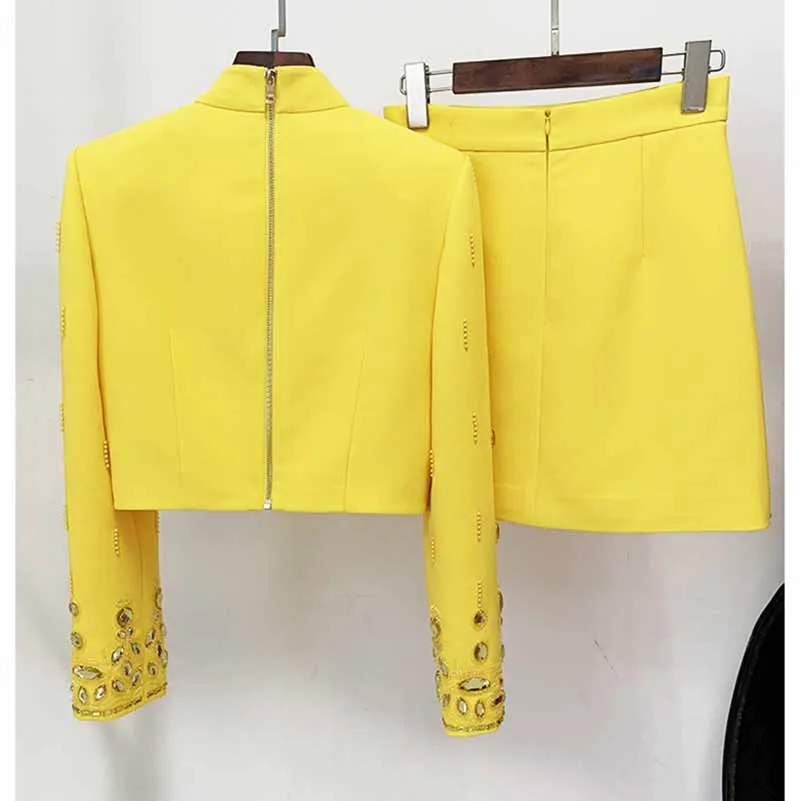 Women's Skirt Suit Fitted Beaded Short Crop Top   Mini Skirt Suit