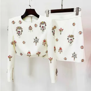 Women's Skirt Suit Fitted nail bead diamond Short Crop Jacket   Mini Skirt Suit